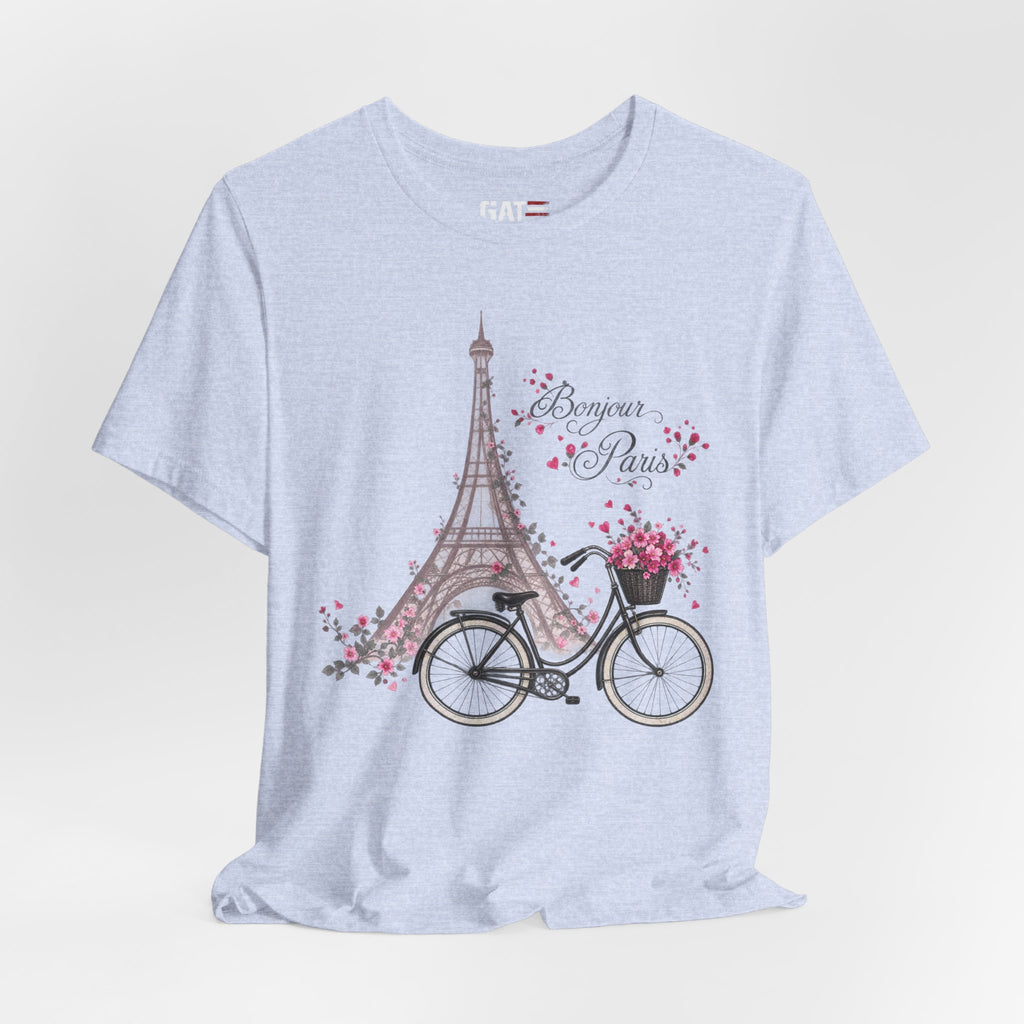 Bonjour Paris Eiffel Tower Bicycle Floral Graphic T-Shirt - alternate product image