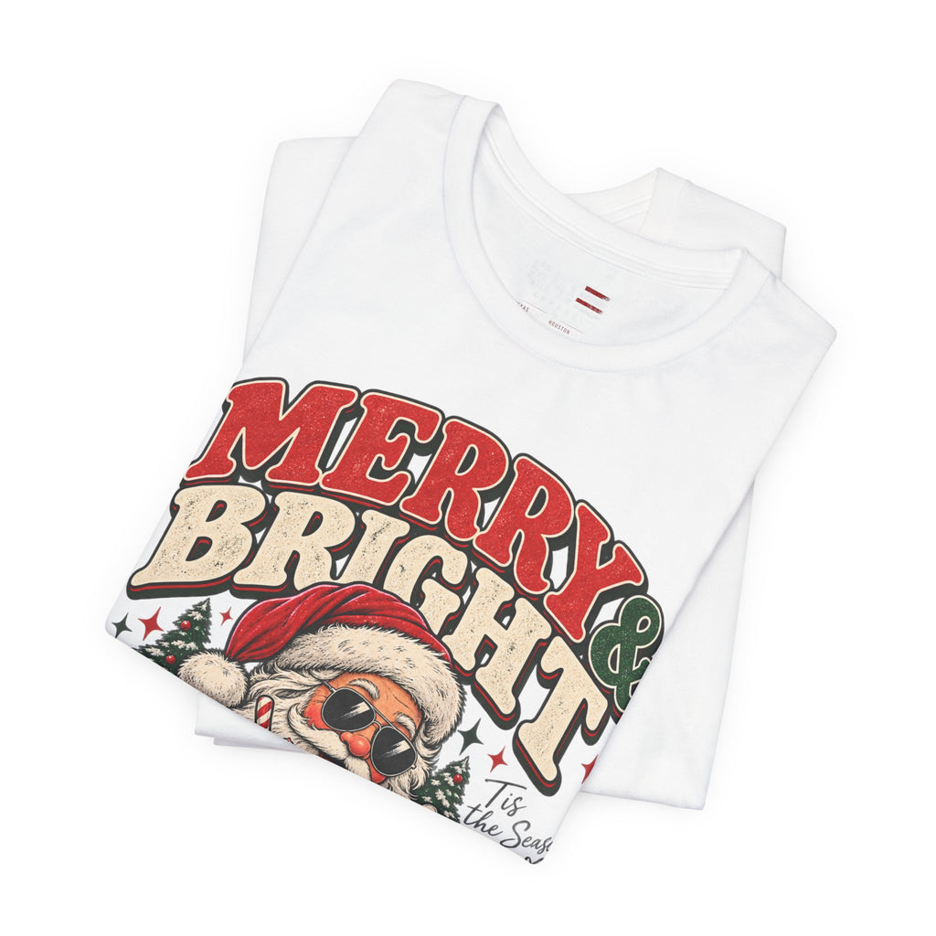 Merry & Bright Santa Tee – Retro Christmas Short Sleeve Shirt
