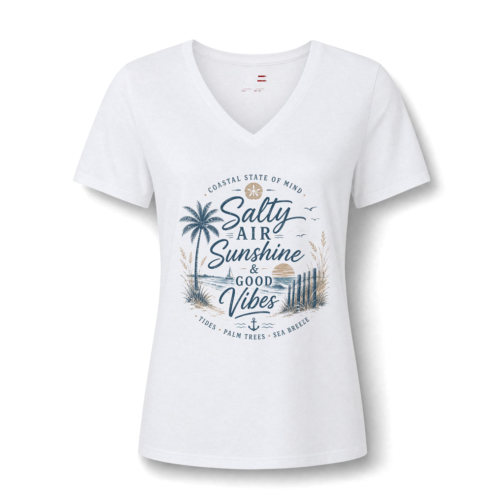 Women's V-Neck Tee — "Salty Air, Sunshine & Good Vibes" Beach Graphic