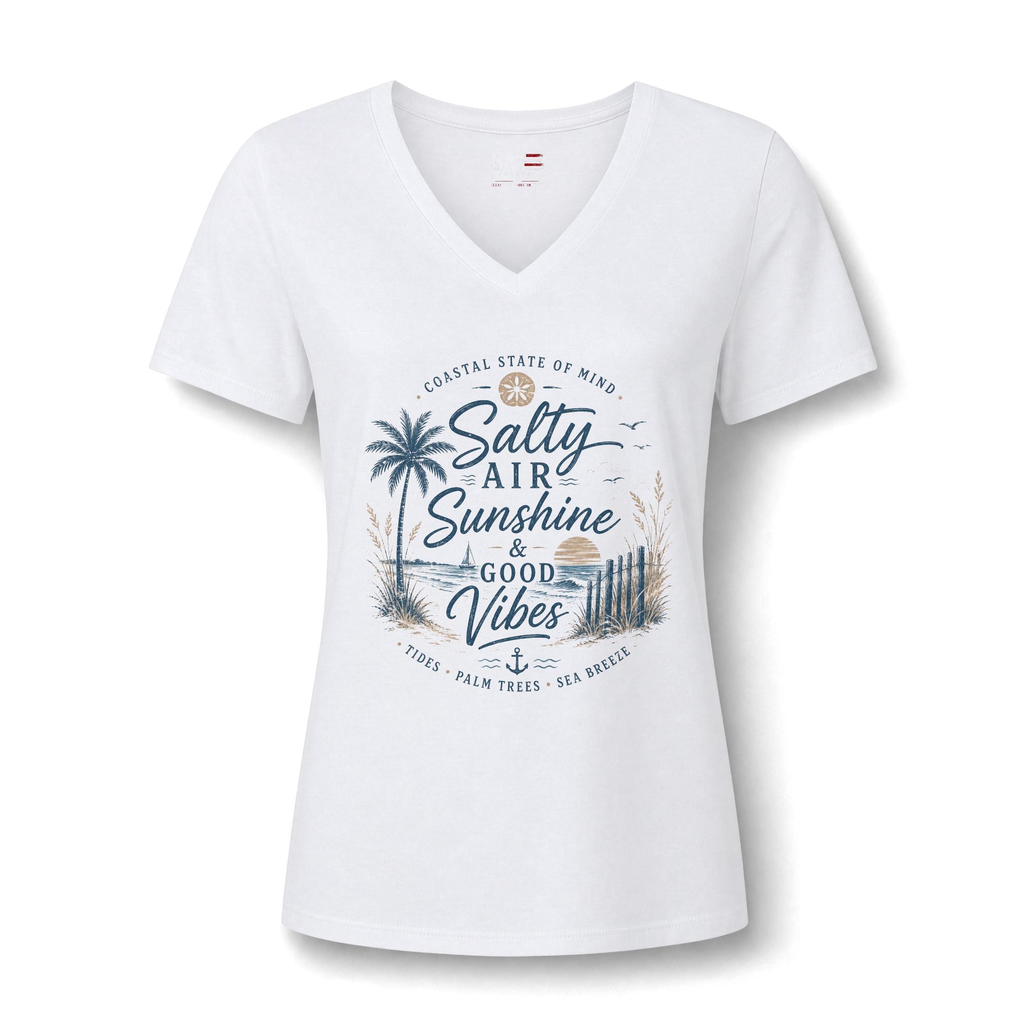 Women's V-Neck Tee — "Salty Air, Sunshine & Good Vibes" Beach Graphic