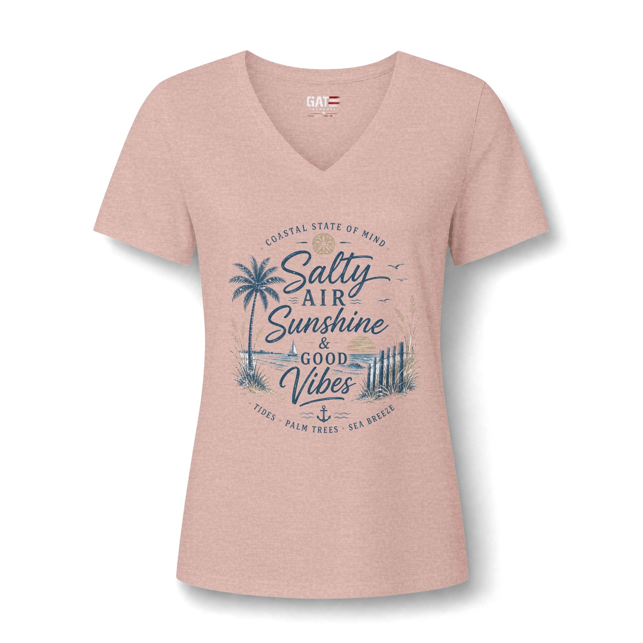 Women's V-Neck Tee — "Salty Air, Sunshine & Good Vibes" Beach Graphic