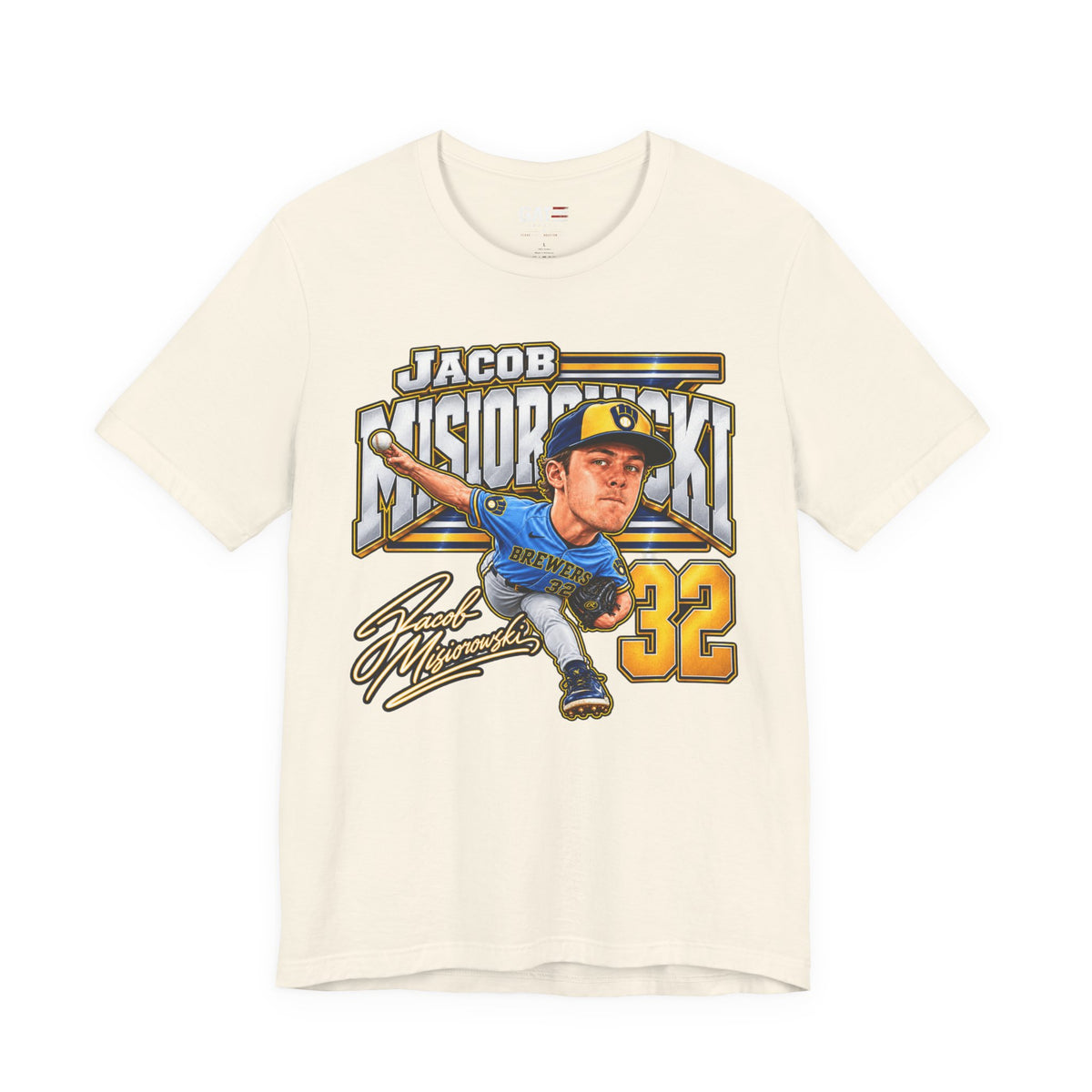 Jacob Misiorowski number 32 Brewers baseball graphic T-shirt, cream front view