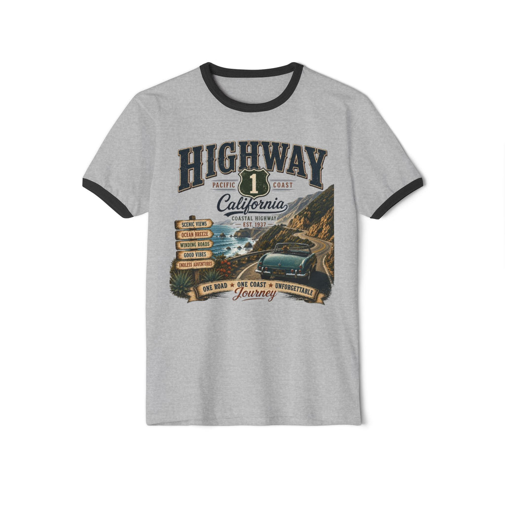 Highway 1 California Ringer T-Shirt — Vintage Coastal Road Trip Graphic Tee