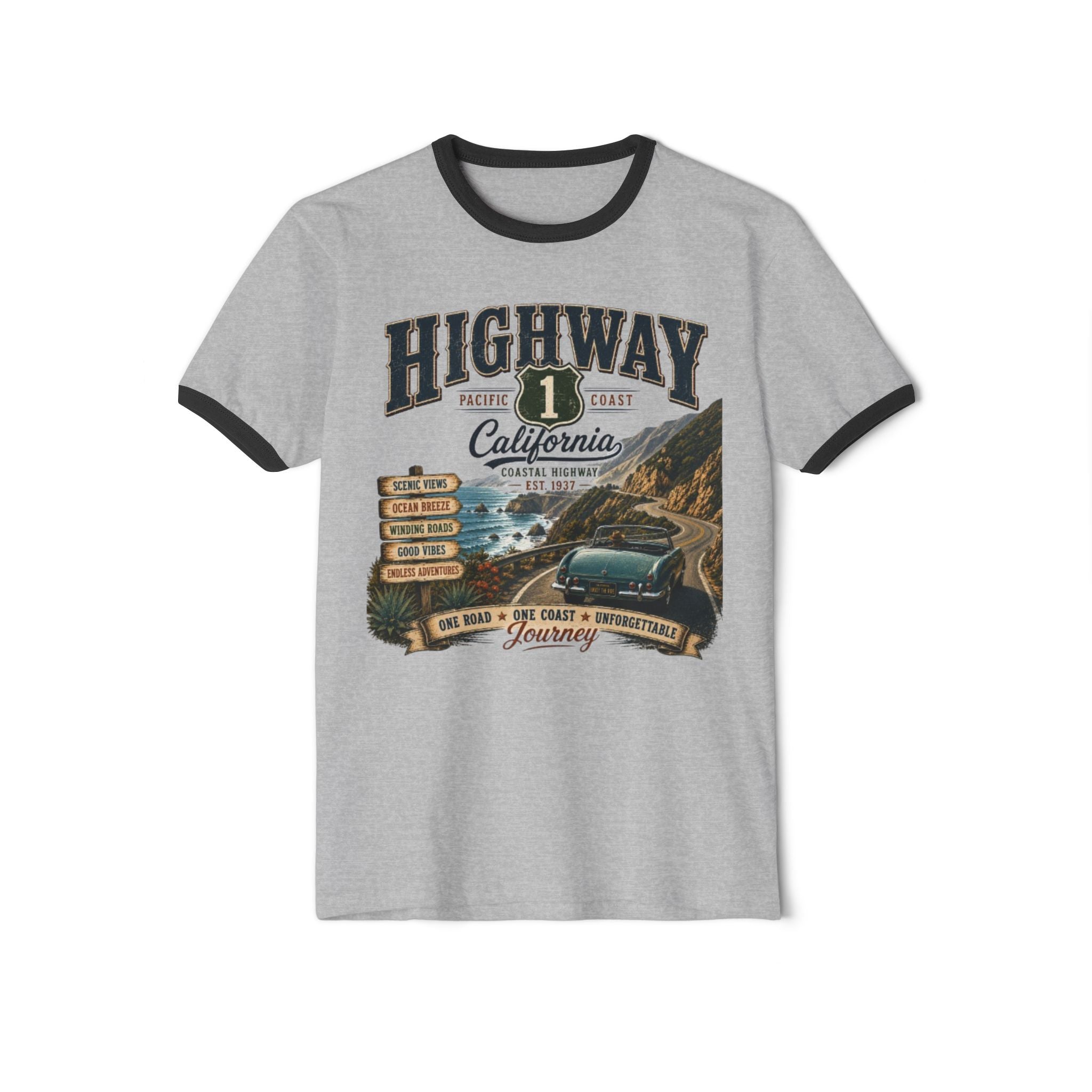 Highway 1 California Ringer T-Shirt — Vintage Coastal Road Trip Graphic Tee