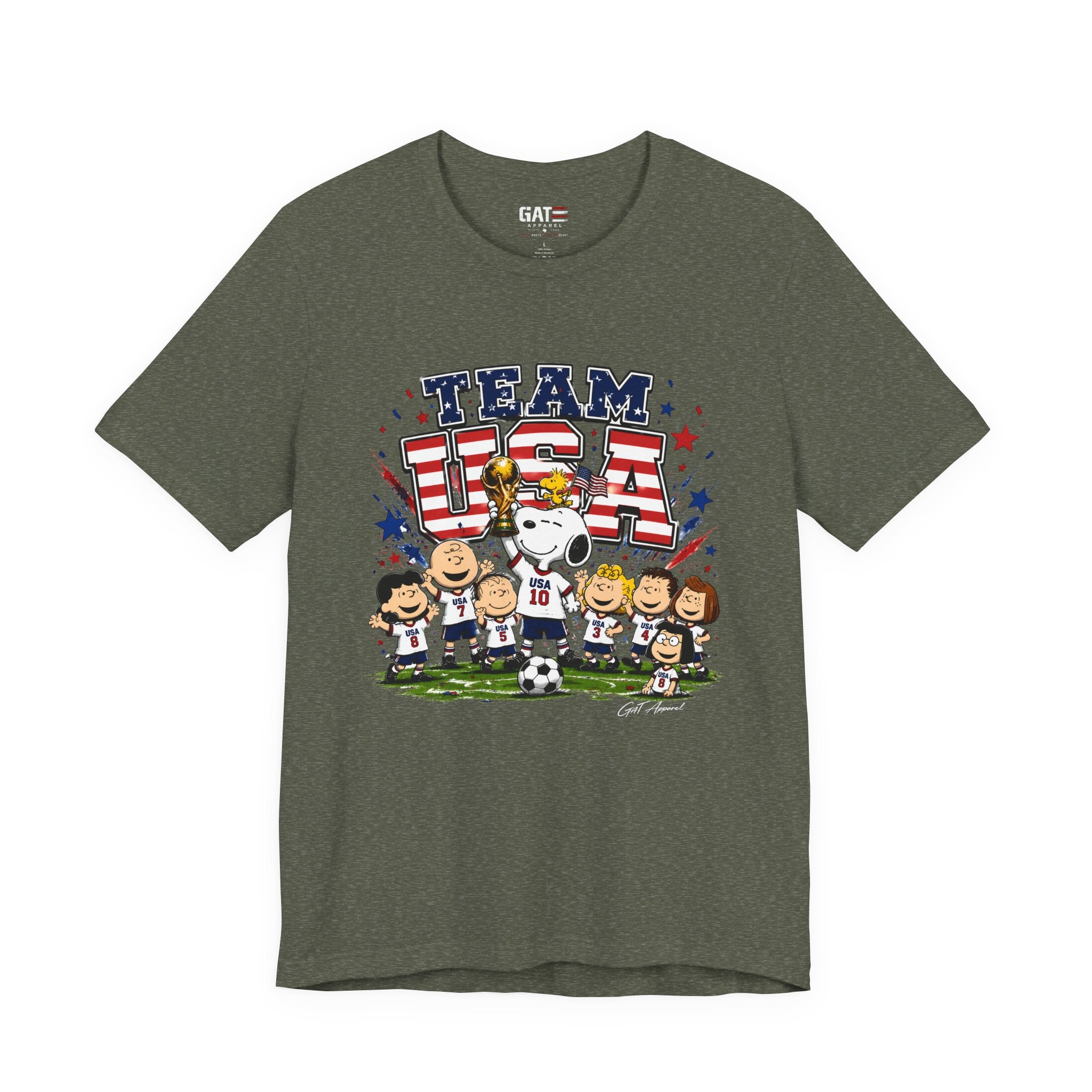 Team USA Soccer Peanuts Gang Shirt Patriotic Snoopy & Friends World Cup Celebration Tee