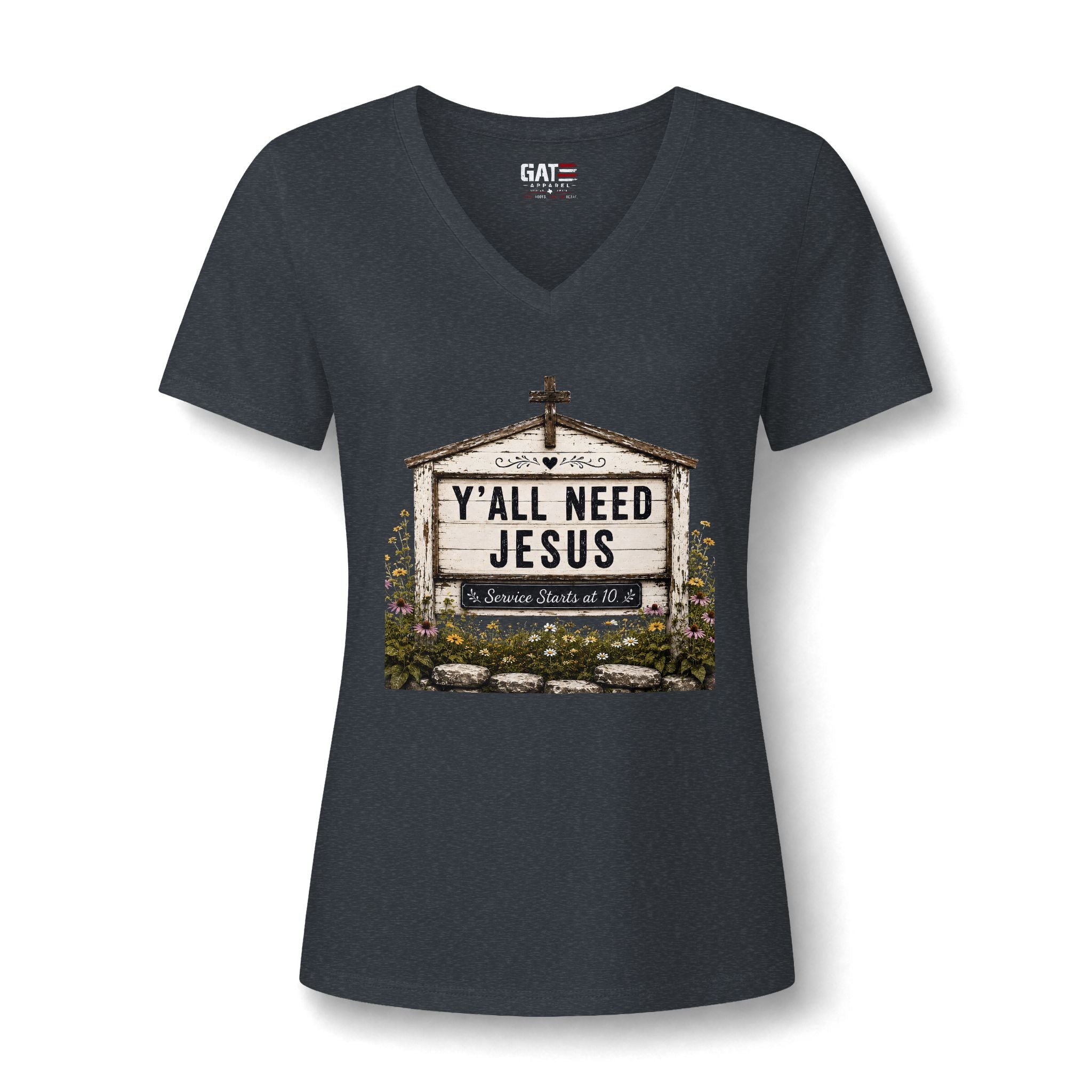 Women's V-Neck Tee - 'Y'all Need Jesus' Church Marquee Faith Shirt