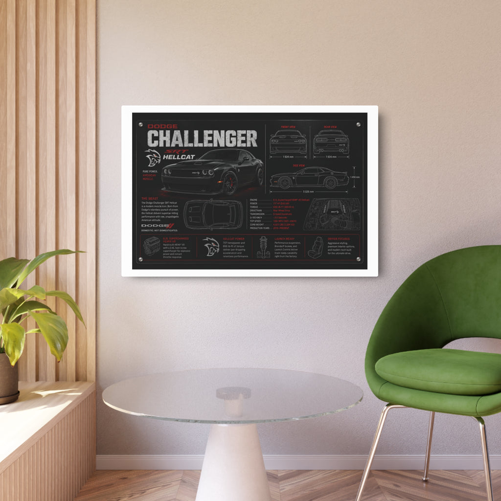 Dodge Challenger Hellcat Blueprint Metal Art Sign – Automotive Garage Poster