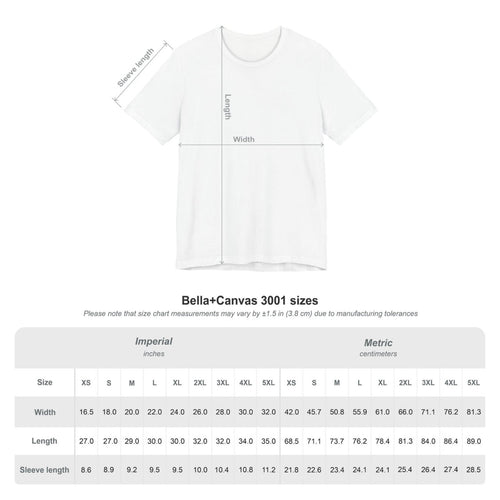 Bella+Canvas 3001 size chart with width, length, and sleeve measurements