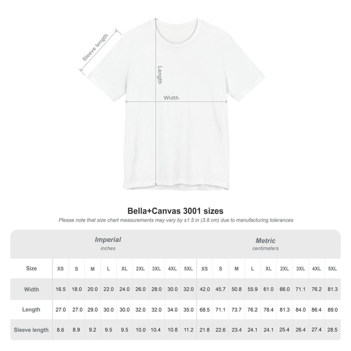 Bella+Canvas 3001 unisex t-shirt size chart