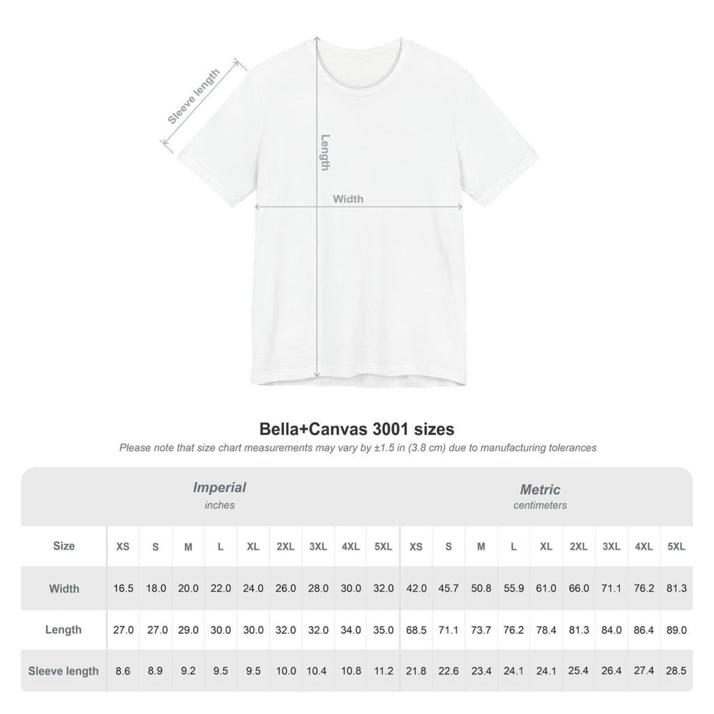 Bella+Canvas 3001 size chart with width, length, and sleeve measurements