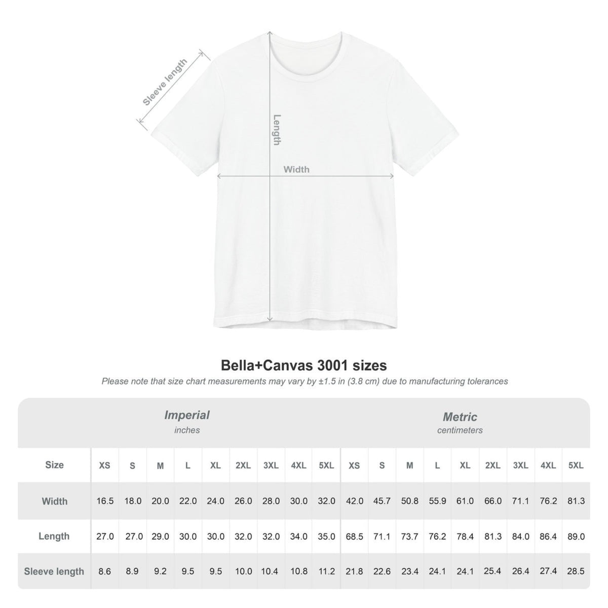 Bella+Canvas 3001 size chart with width, length, and sleeve measurements