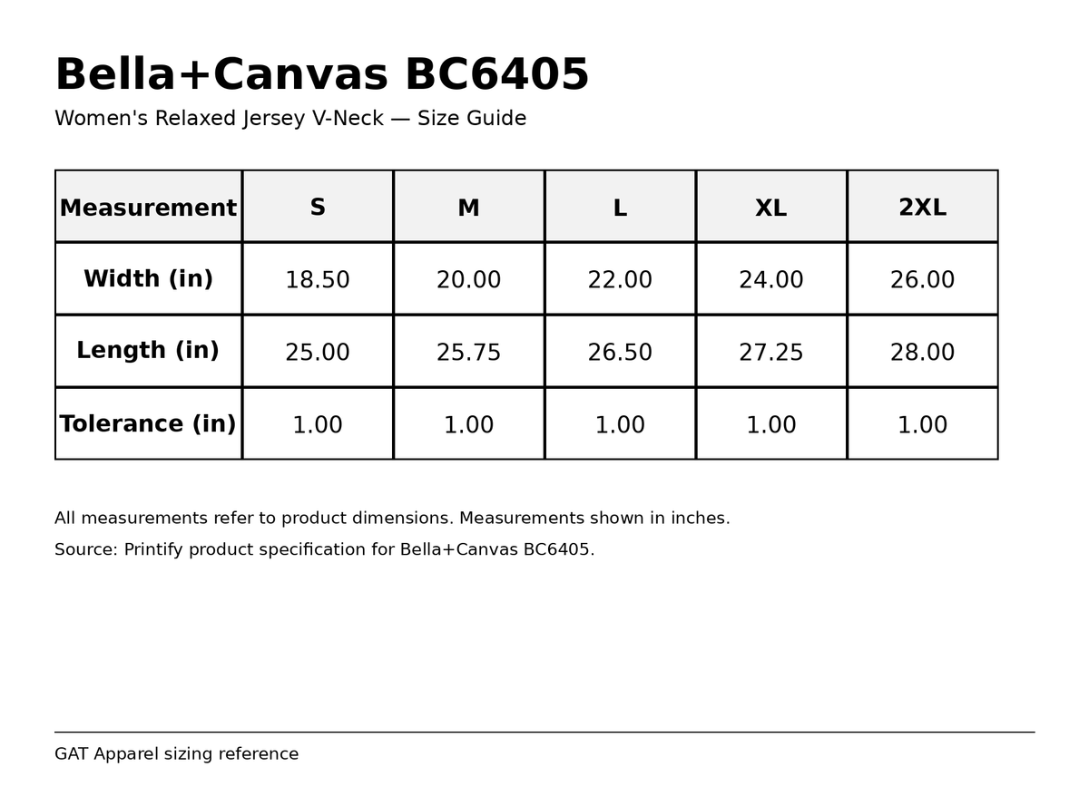 Bella+Canvas BC6405 women's relaxed V-neck size guide with width and length measurements