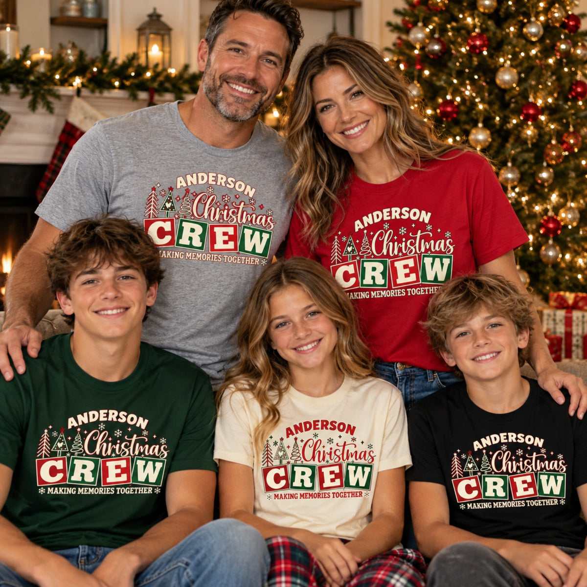Family wearing personalized Anderson Christmas Crew shirts