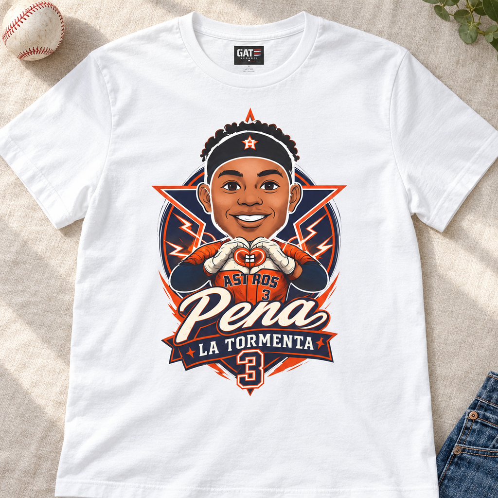 Houston Astros – Jeremy Peña – La Tormenta Baseball Shirt | Tee — layflat lifestyle mockup