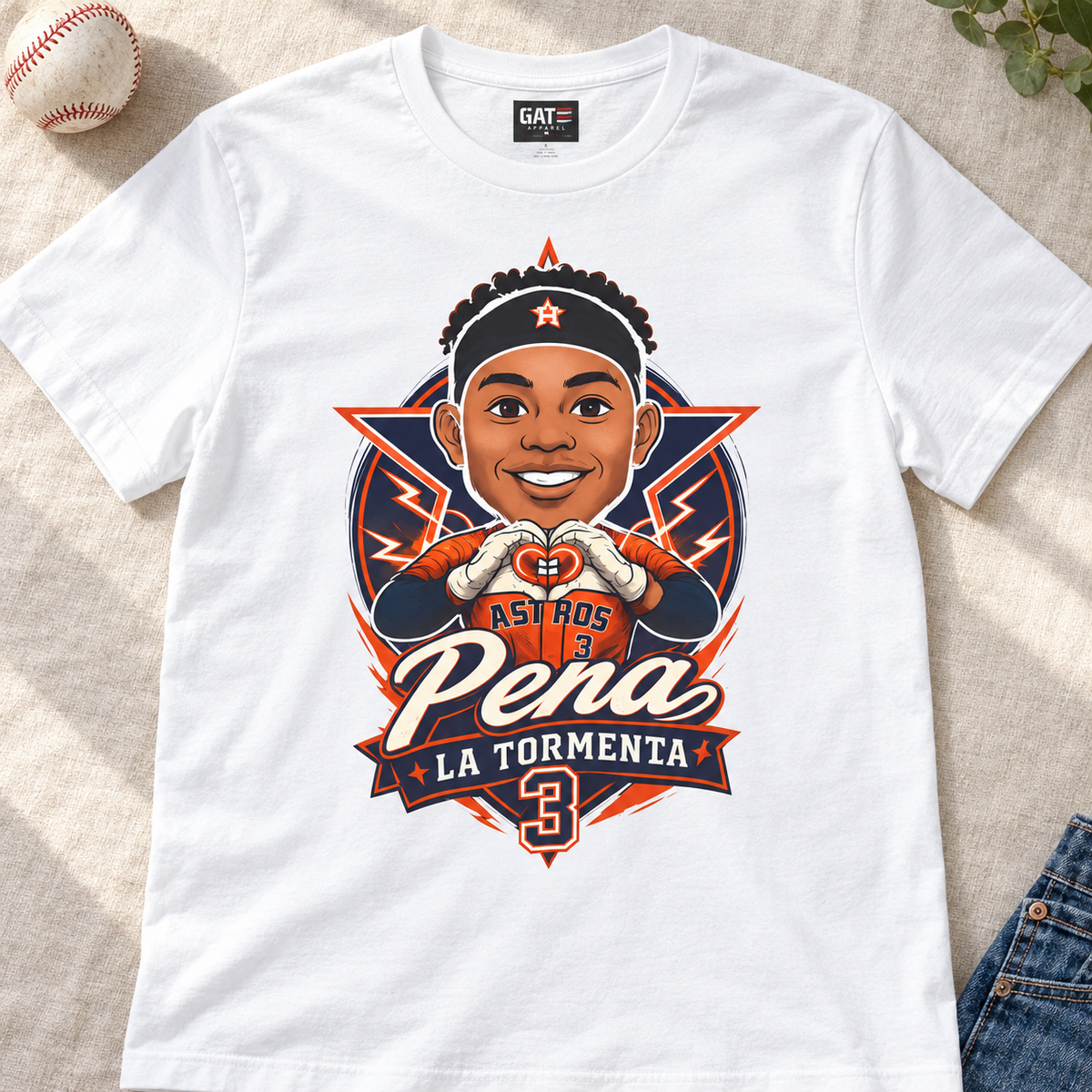 Houston Astros – Jeremy Peña – La Tormenta Baseball Shirt | Tee — layflat lifestyle mockup