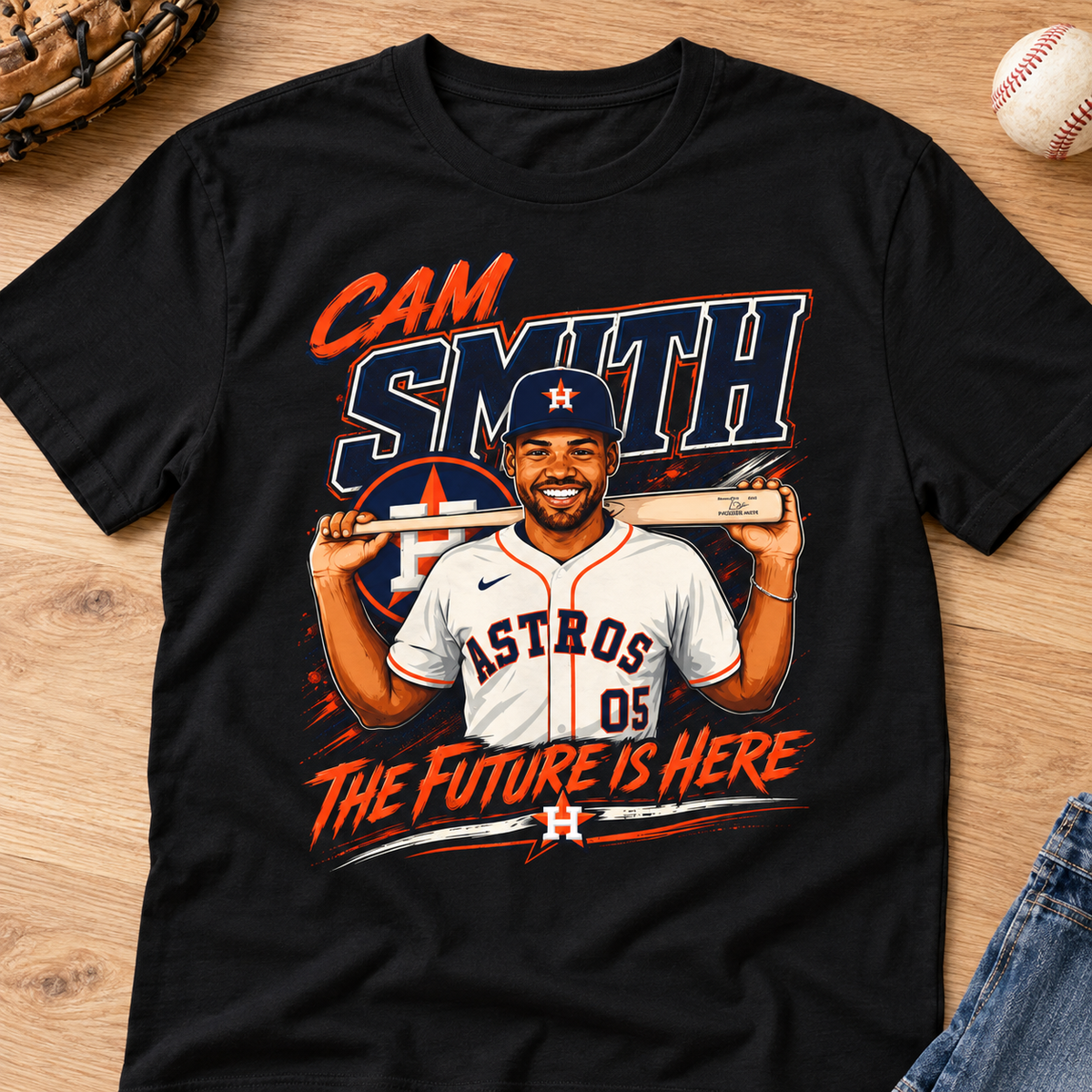Houston Astros – Cam Smith – Future Is Here Shirt | Baseball Tee — layflat lifestyle mockup