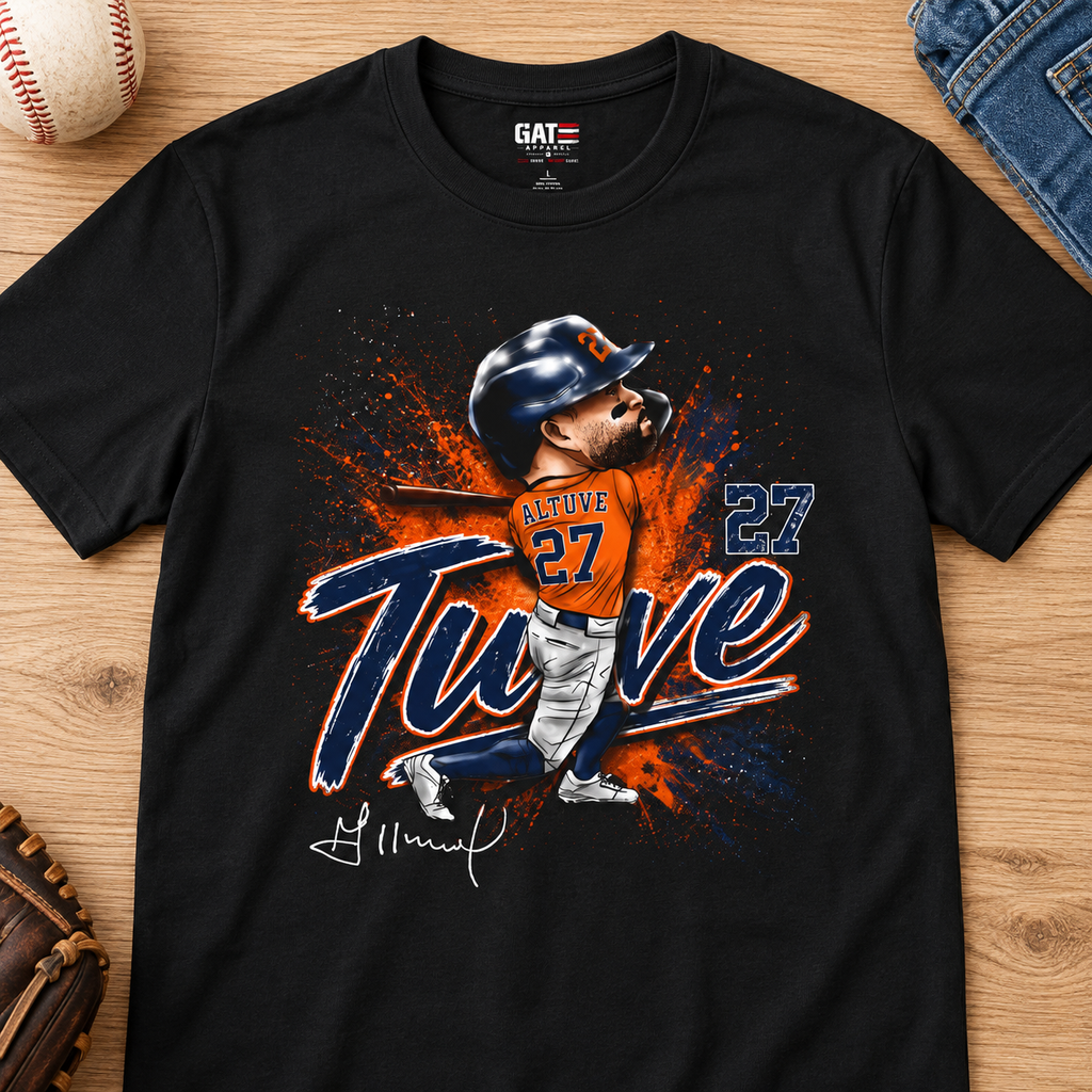 Houston Astros – Jose Altuve – Tuve #27 Shirt | Baseball Tee — layflat lifestyle mockup