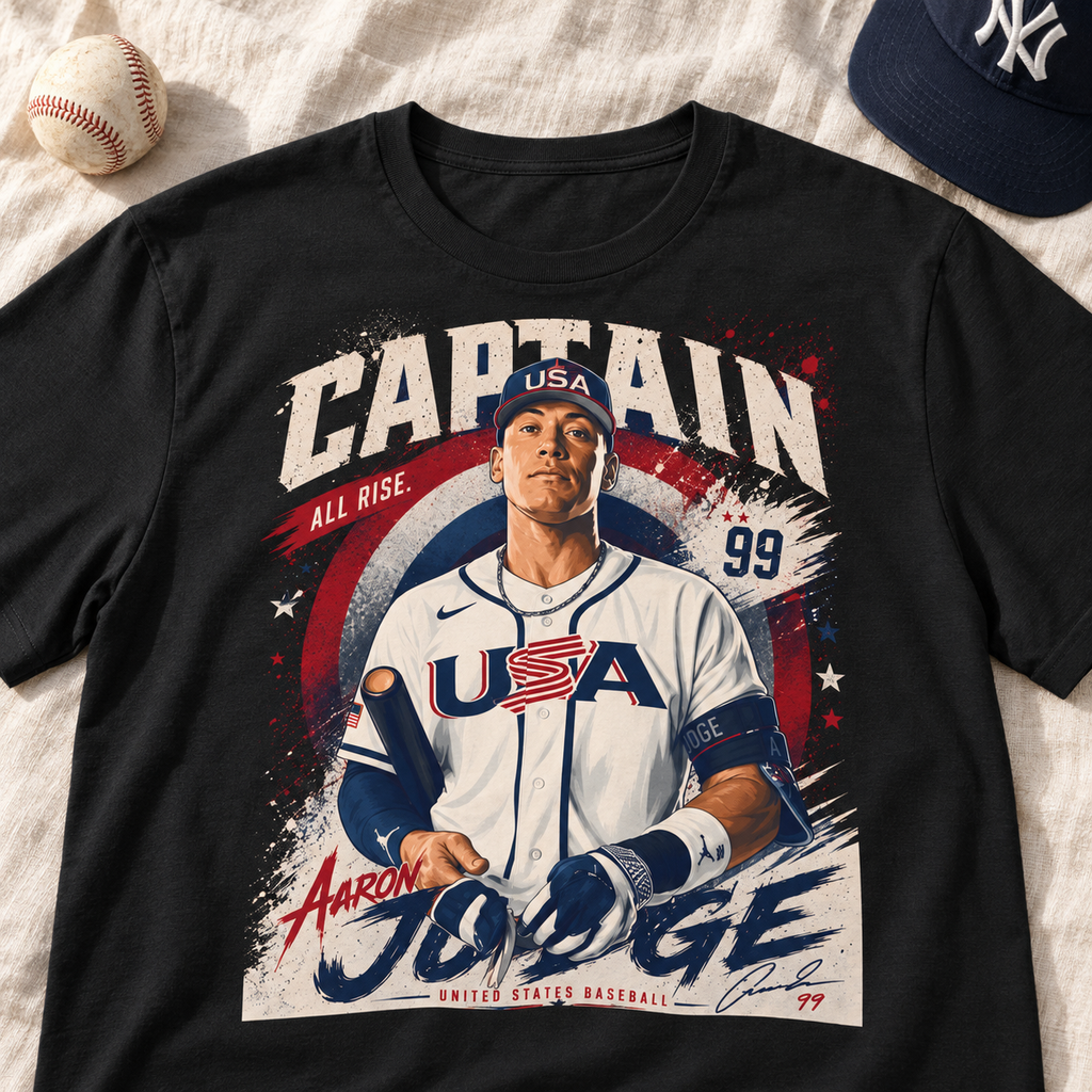 New York Yankees – Aaron Judge – Captain Judge USA Baseball T-Shirt — lay-flat lifestyle mockup with upper-chest graphic