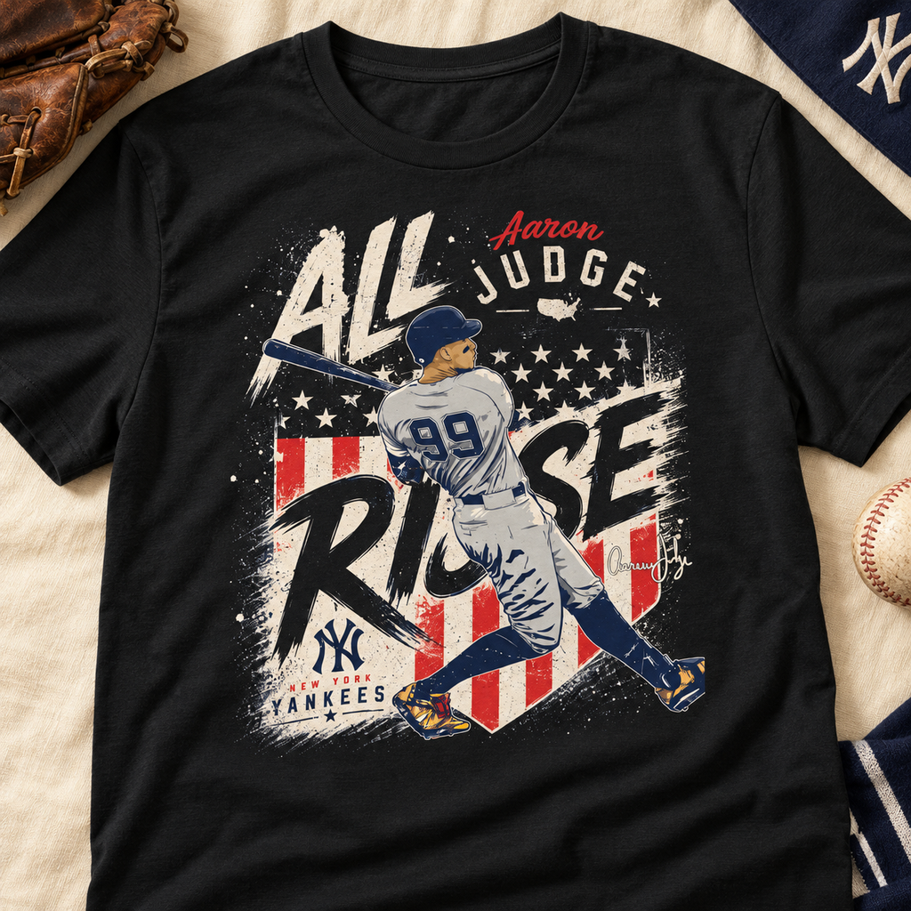 New York Yankees – Aaron Judge – All Rise Patriotic Graphic T-Shirt — lay-flat lifestyle mockup with upper-chest graphic