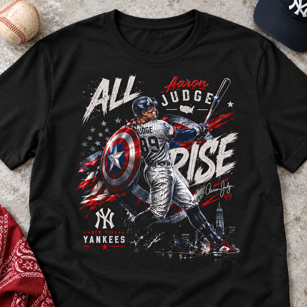 New York Yankees – Aaron Judge – All Rise Patriotic Baseball T-Shirt — lay-flat lifestyle mockup with upper-chest graphic