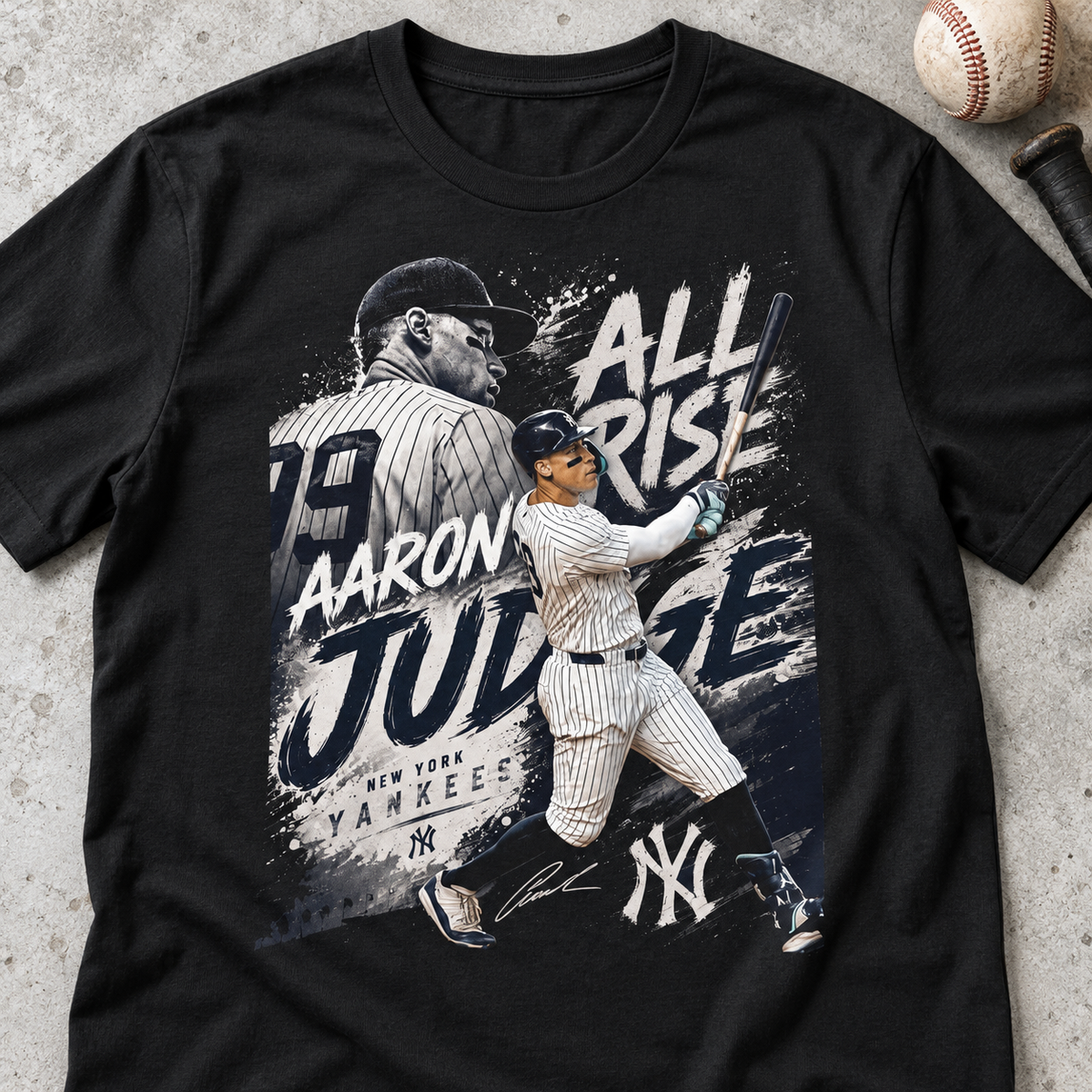 New York Yankees – Aaron Judge – All Rise Vintage Baseball T-Shirt — lay-flat lifestyle mockup with upper-chest graphic