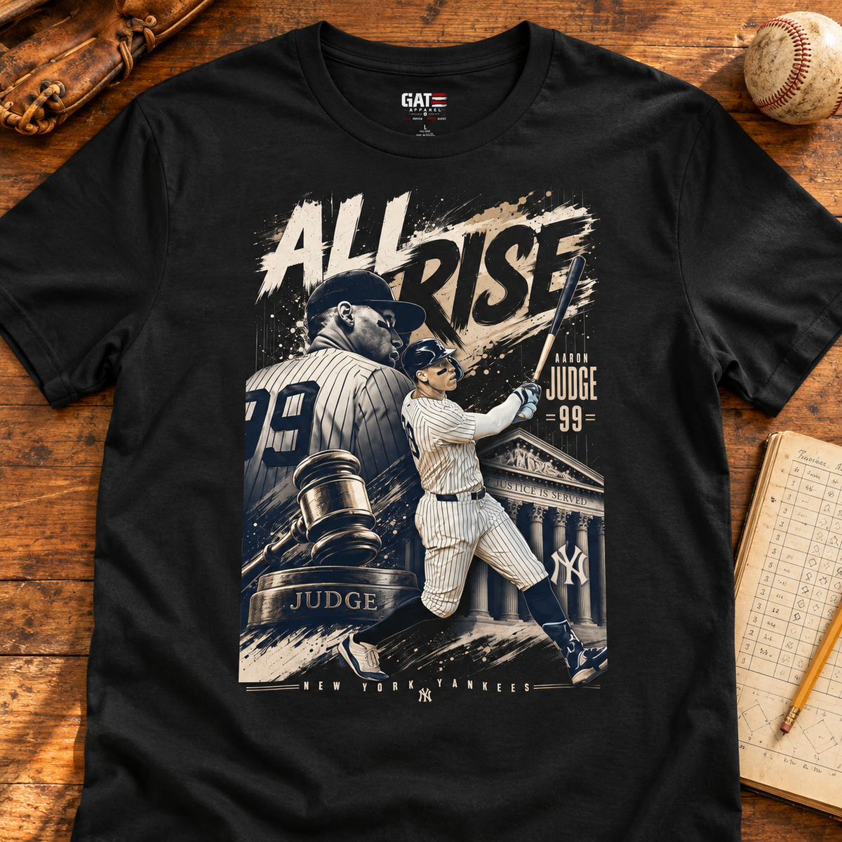 New York Yankees – Aaron Judge – All Rise Home Run Baseball T-Shirt — lay-flat lifestyle mockup with upper-chest graphic