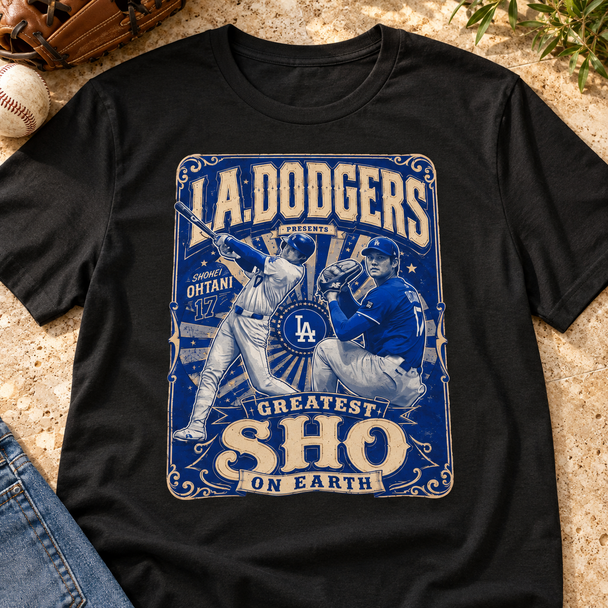 Los Angeles Dodgers – Shohei Ohtani – Greatest Sho on Earth Shirt | Baseball Tee — close-up lay-flat lifestyle mockup with upper-chest graphic