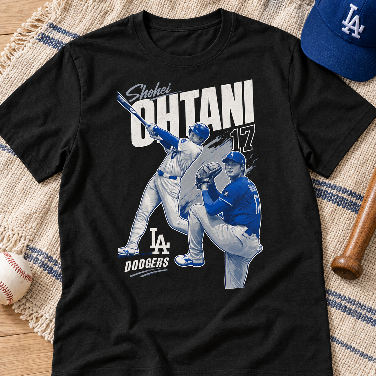 Los Angeles Dodgers – Shohei Ohtani – Sho-Time Shirt | Baseball Tee — close-up lay-flat lifestyle mockup with upper-chest graphic