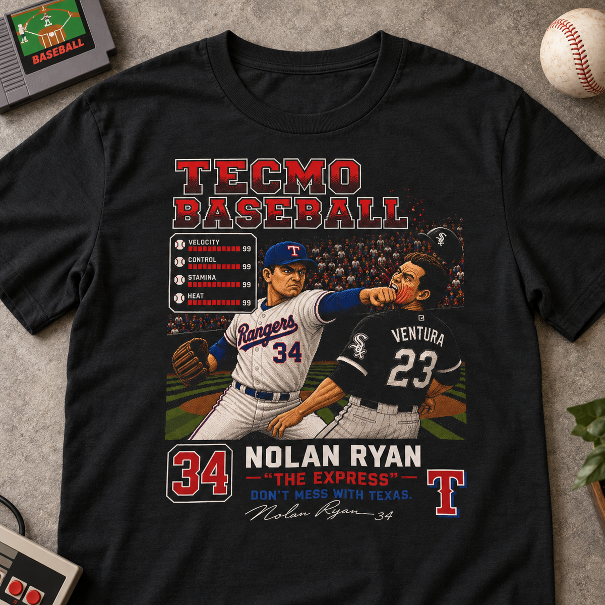 Texas Rangers – Nolan Ryan – Tecmo Baseball Shirt | Retro Gaming Tee — lay-flat lifestyle mockup with upper-chest graphic