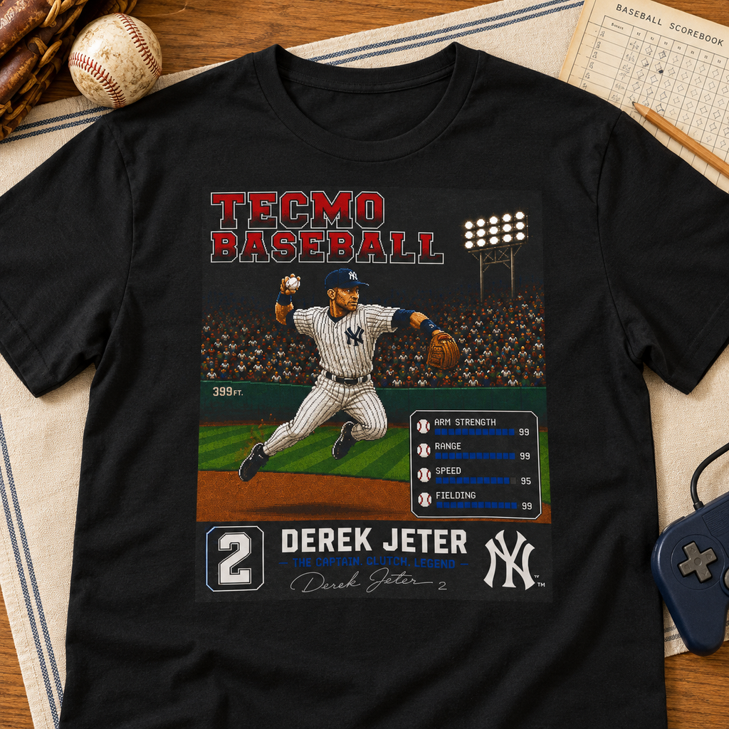 Personalized Tecmo Baseball Shirt | Custom Player Tee — lay-flat lifestyle mockup with upper-chest graphic
