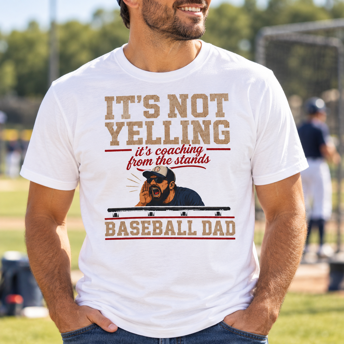 It's Not Yelling It's Coaching Baseball Dad Shirt — close-up model lifestyle mockup with upper-chest graphic