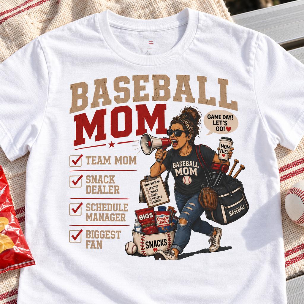 Baseball Mom Snack Dealer Shirt | Biggest Fan Game Day Tee — close-up lay-flat lifestyle mockup with upper-chest graphic