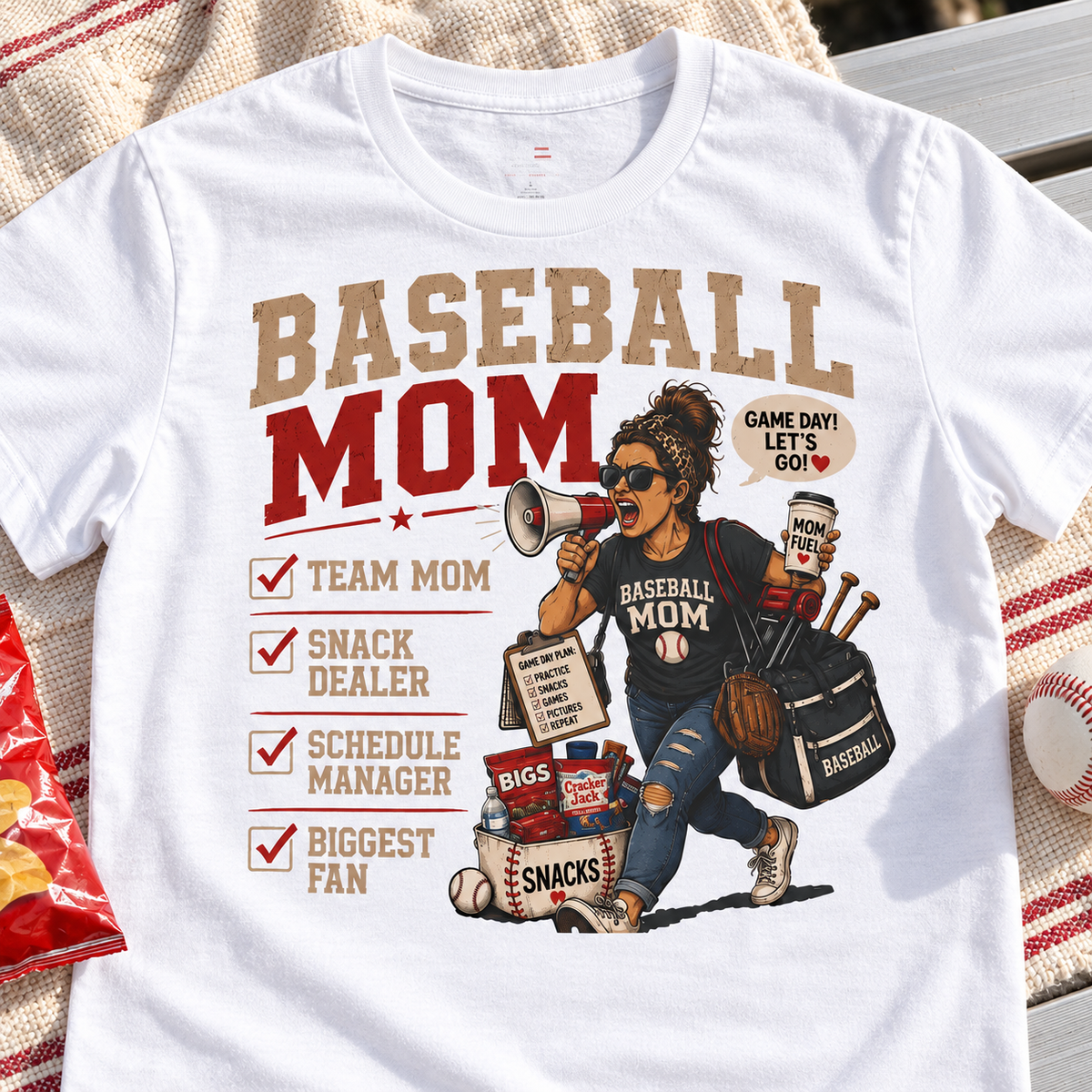 Baseball Mom Snack Dealer Shirt | Biggest Fan Game Day Tee — close-up lay-flat lifestyle mockup with upper-chest graphic