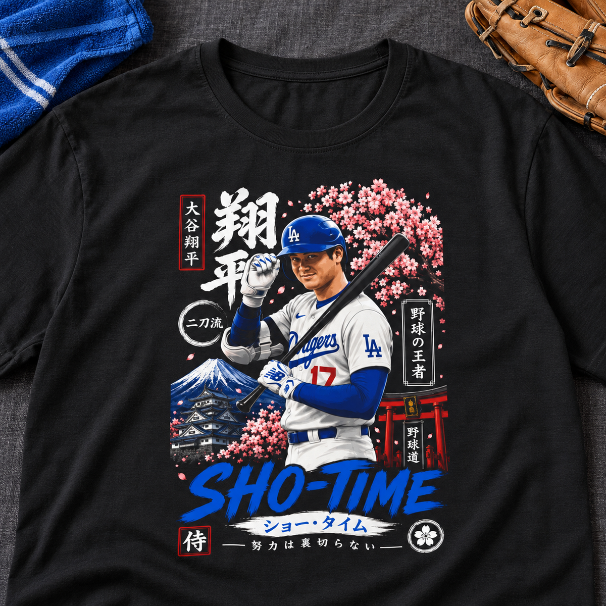 Los Angeles Dodgers – Shohei Ohtani – Baseball Shirt | Japanese Retro Graphic Tee — close-up lay-flat lifestyle mockup with upper-chest graphic