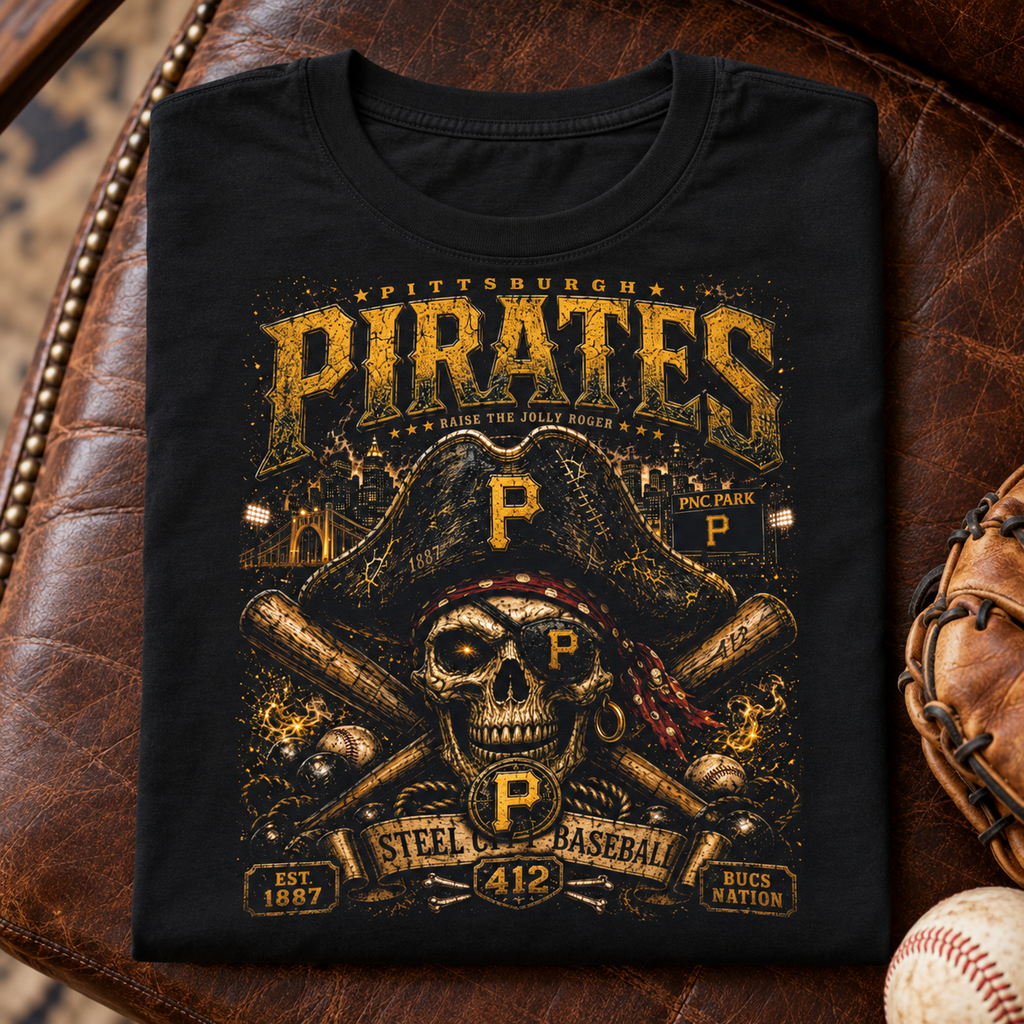 Pittsburgh Pirates Skull Baseball Shirt | Vintage Fan Tee — folded lifestyle mockup with upper-chest graphic