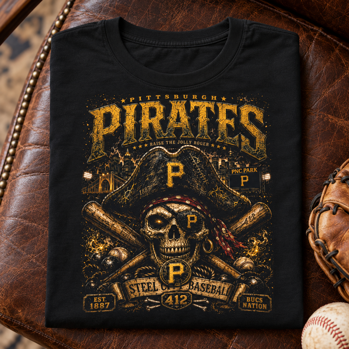 Pittsburgh Pirates Skull Baseball Shirt | Vintage Fan Tee — folded lifestyle mockup with upper-chest graphic
