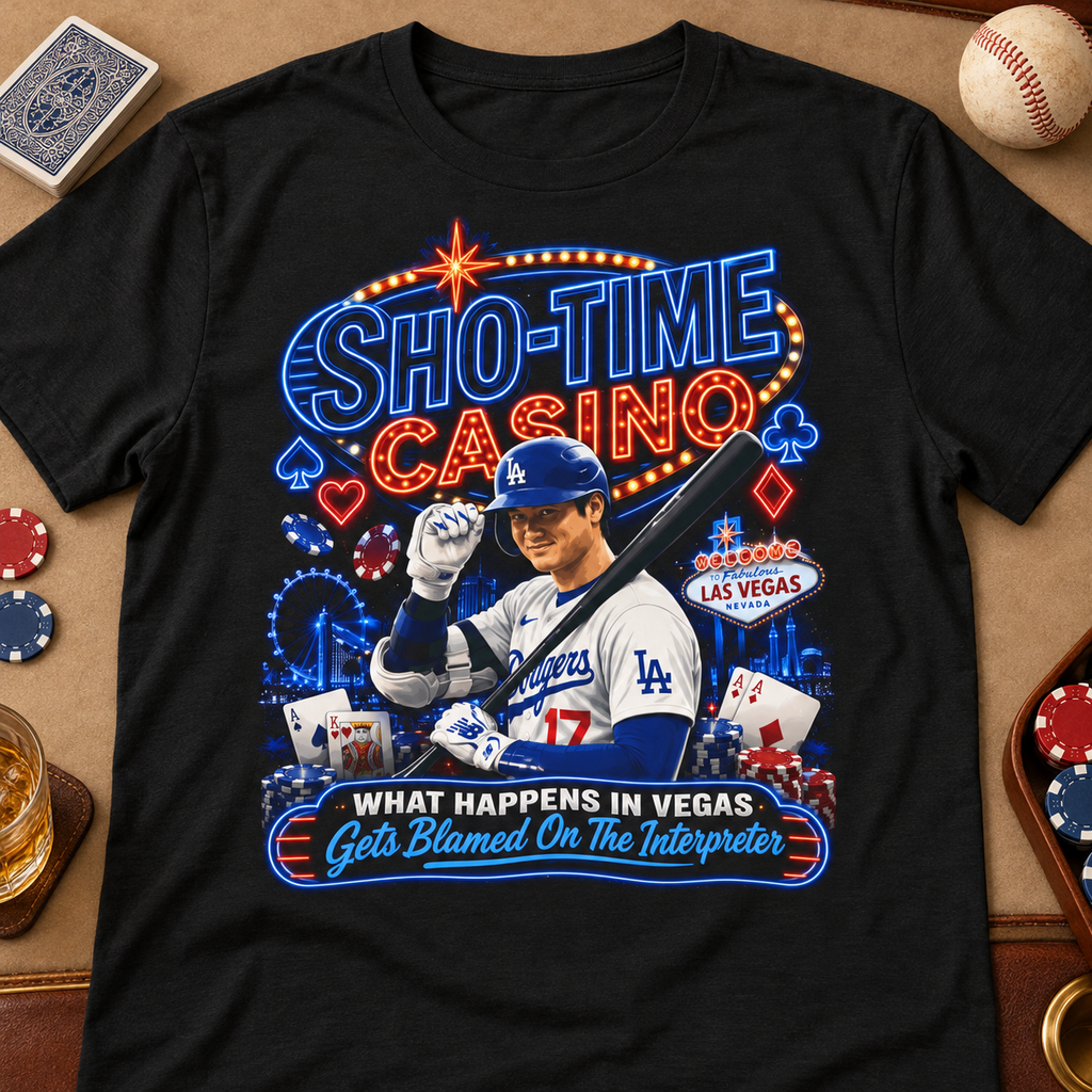Los Angeles Dodgers – Shohei Ohtani – Sho-Time Casino Shirt | LA Baseball Tee — close-up lay-flat lifestyle mockup with upper-chest graphic