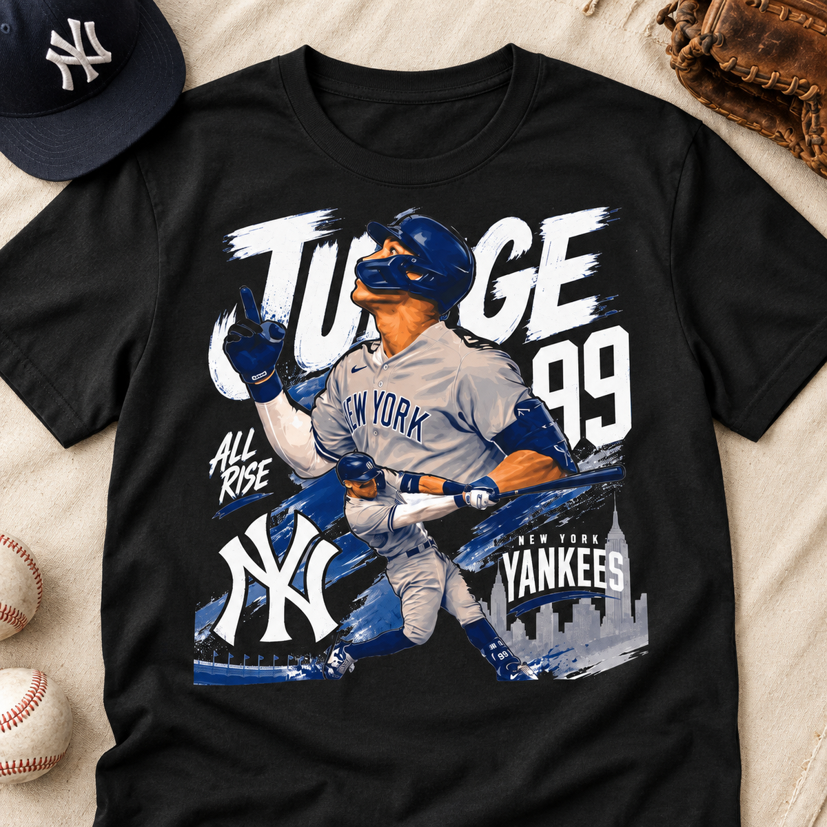 New York Yankees – Aaron Judge – #99 All Rise Baseball T-Shirt — lay-flat lifestyle mockup with upper-chest graphic