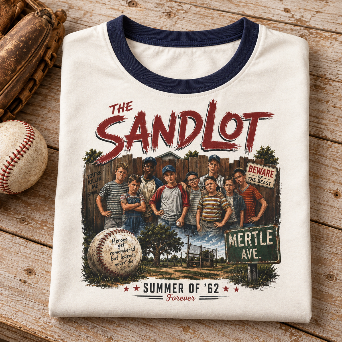 The Sandlot Summer of ’62 Ringer T-Shirt — folded lifestyle mockup with upper-chest graphic
