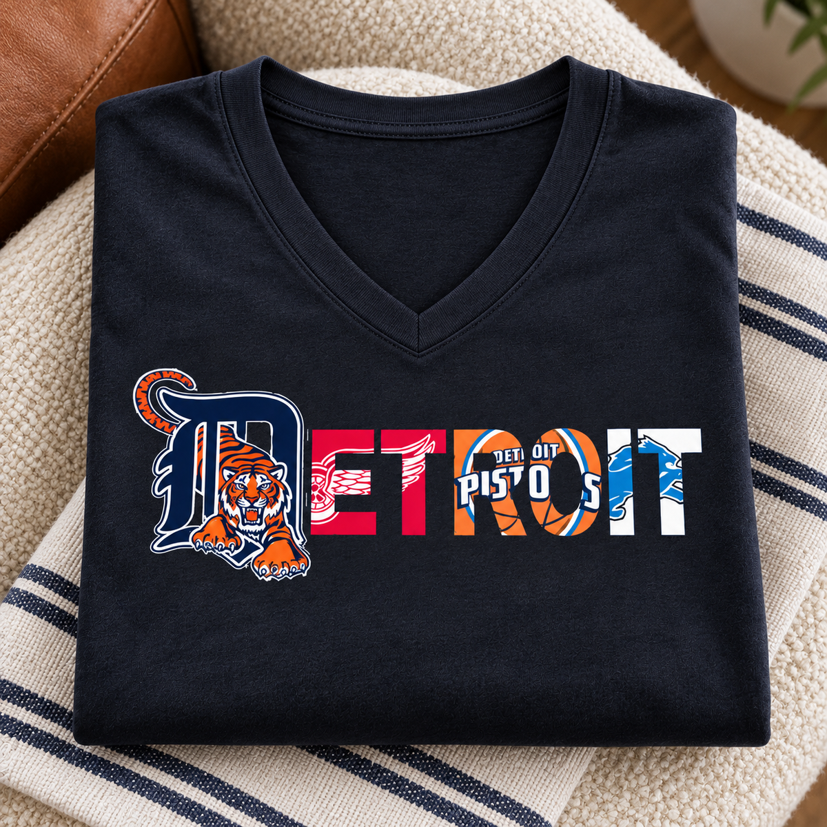 Detroit Sports Team Script V-Neck Shirt — close-up folded lifestyle mockup with upper-chest graphic