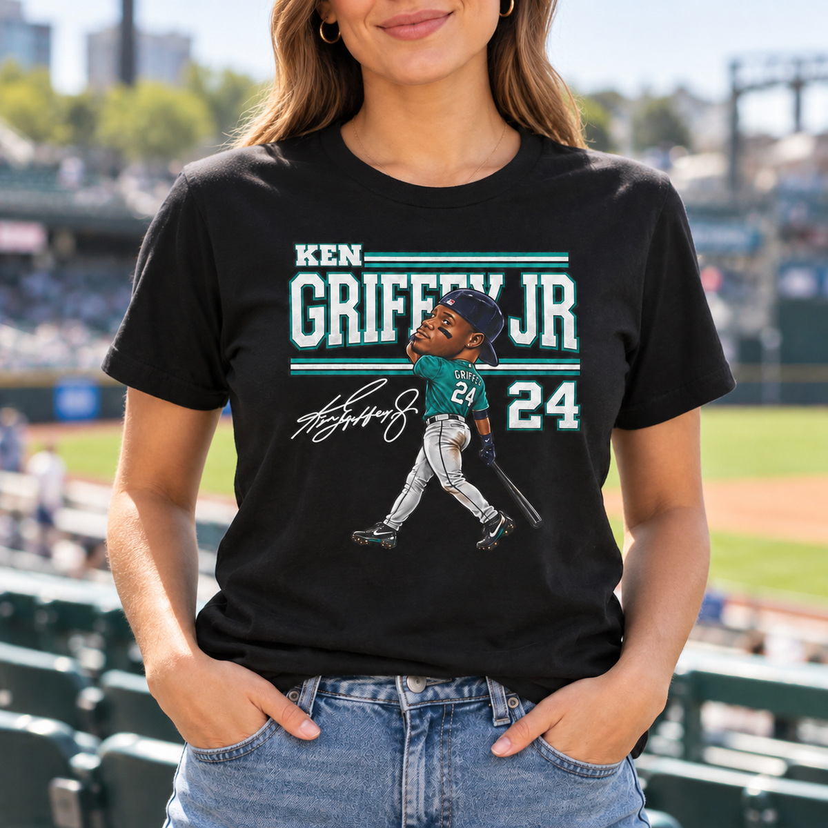 Seattle Mariners – Ken Griffey Jr. – Big Head Baseball T-Shirt — model lifestyle mockup with upper-chest graphic