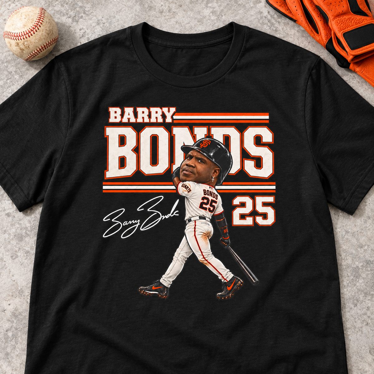 San Francisco Giants – Barry Bonds – Big Head #25 Baseball T-Shirt — lay-flat lifestyle mockup with upper-chest graphic
