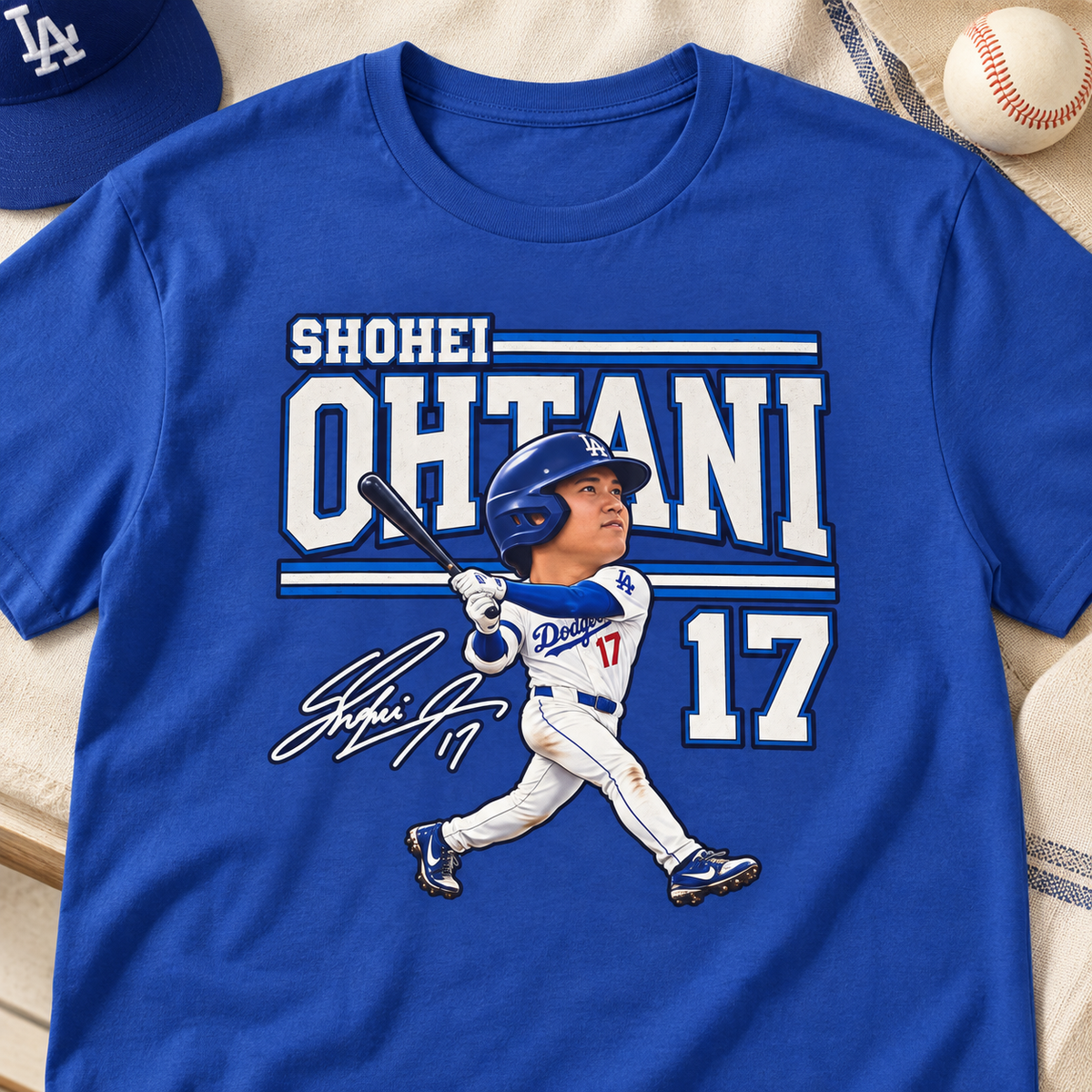 Los Angeles Dodgers – Shohei Ohtani – Big Head Baseball T-Shirt — close-up lay-flat lifestyle mockup with upper-chest graphic