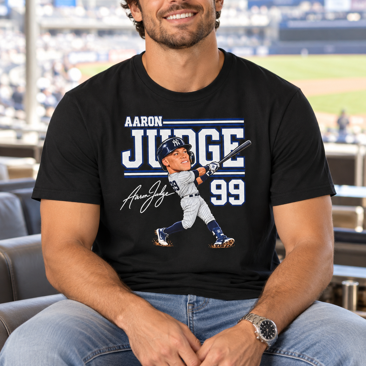New York Yankees – Aaron Judge – Big Head #99 Baseball T-Shirt — model lifestyle mockup with upper-chest graphic