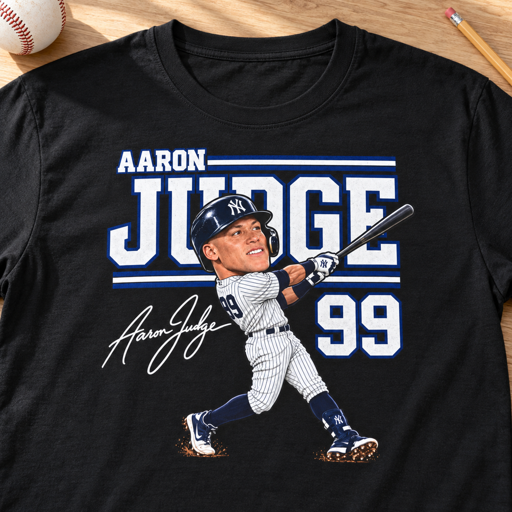 Custom Baseball Player Big Head Shirt | Personalized Baseball Graphic Tee — close-up lay-flat lifestyle mockup with upper-chest graphic