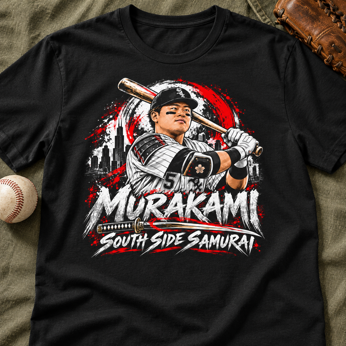 Chicago White Sox – Munetaka Murakami – South Side Samurai Baseball Tee — close-up lay-flat lifestyle mockup with upper-chest graphic