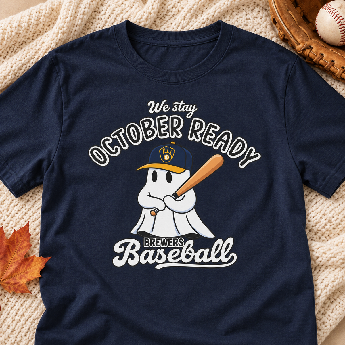 Milwaukee Brewers Baseball Shirt Playoffs October Ready Halloween Fall T-Shirt — close-up lay-flat lifestyle mockup with upper-chest graphic