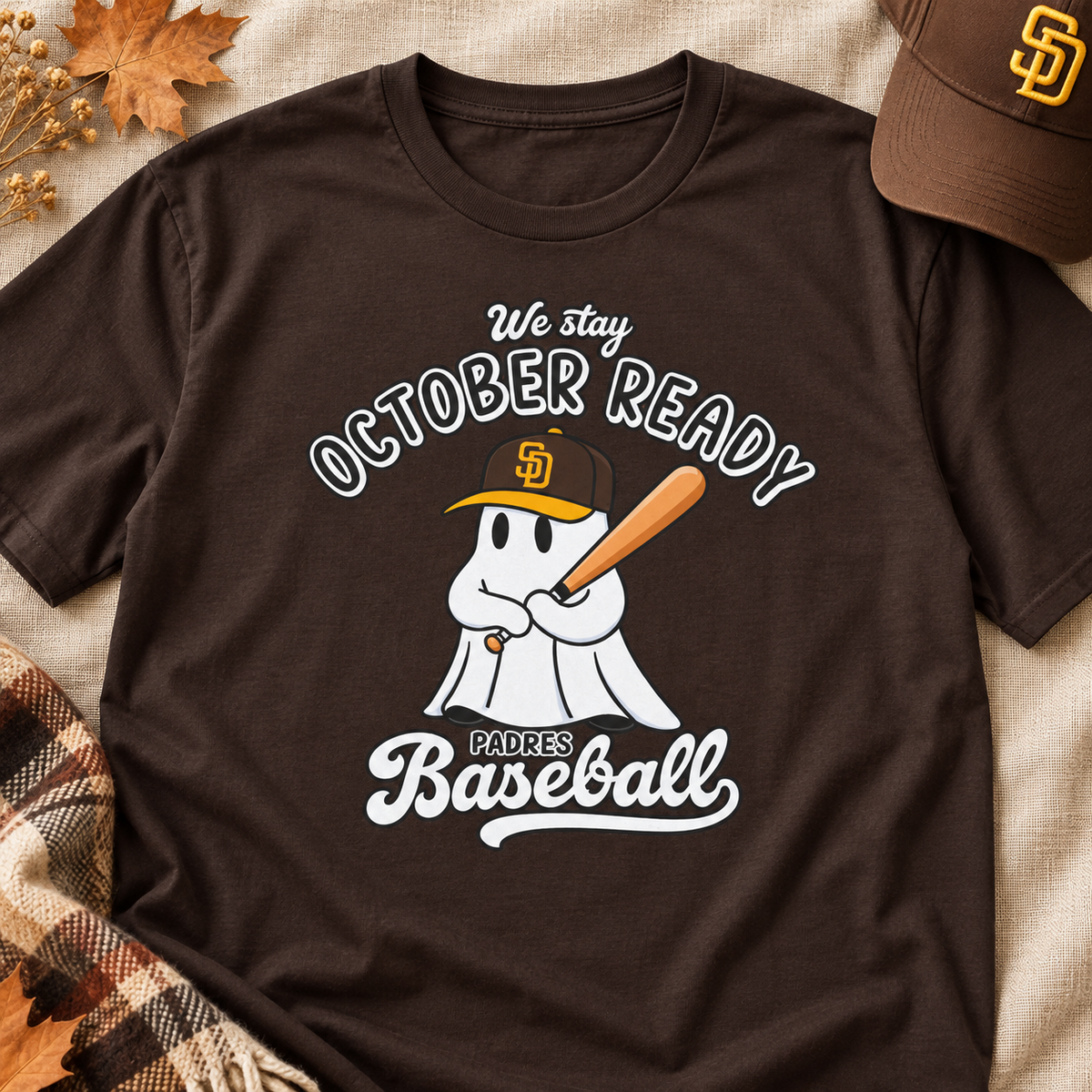 San Diego Padres Baseball Shirt Playoffs October Ready Halloween Fall T-Shirt — lay-flat lifestyle mockup with upper-chest graphic