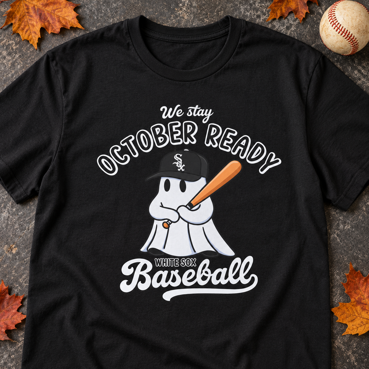 Chicago White Sox Baseball Shirt Playoffs October Ready Halloween Fall T-Shirt — close-up lay-flat lifestyle mockup with upper-chest graphic