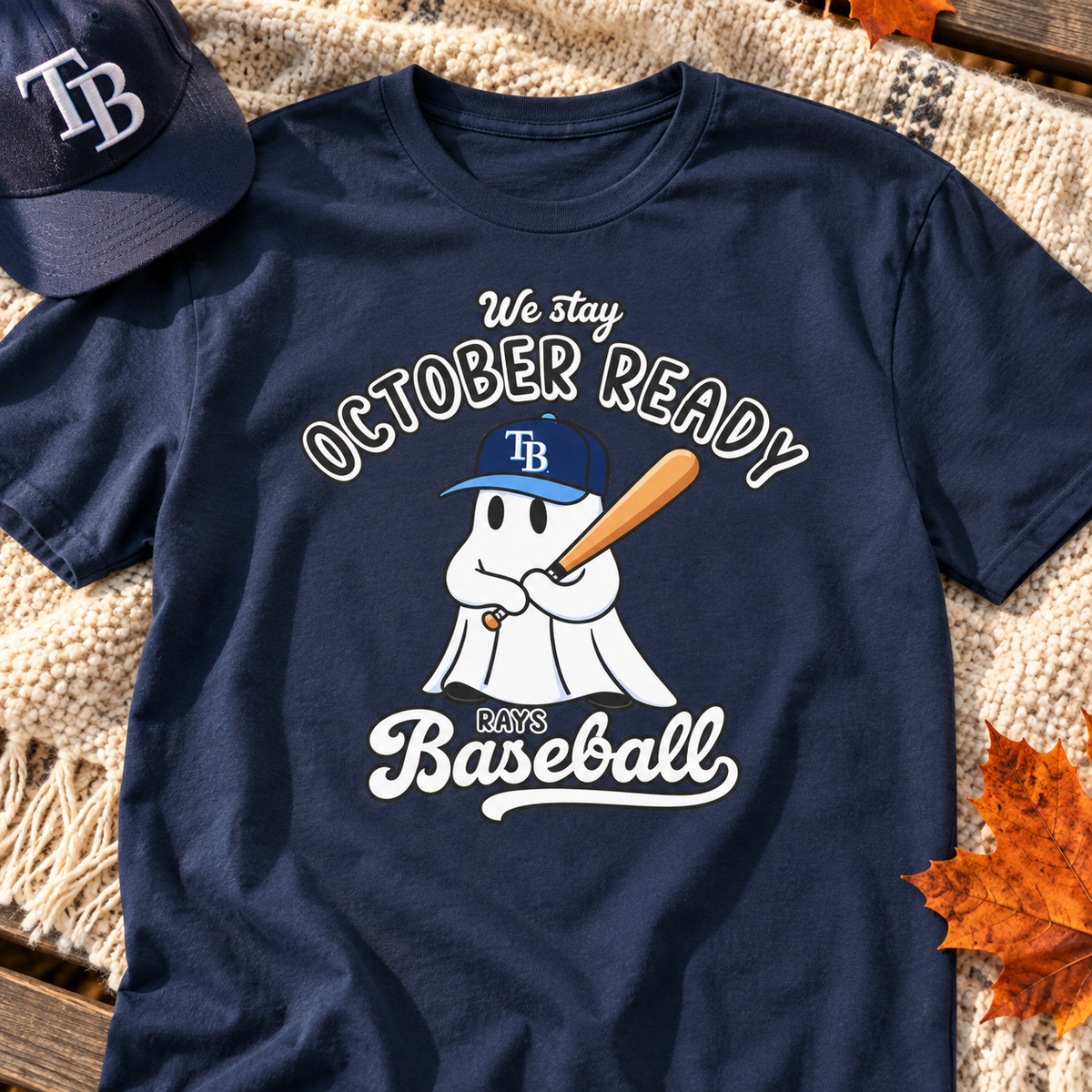 Tampa Bay Rays Baseball Shirt Playoffs October Ready Halloween Fall T-Shirt — lay-flat lifestyle mockup with upper-chest graphic